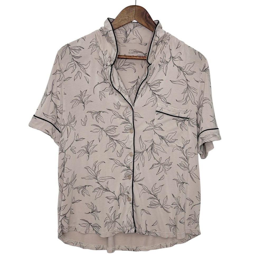 Cozy Earth Bamboo Stretch-Knit Short Sleeve Pajama Top in Beige Botanical Medium